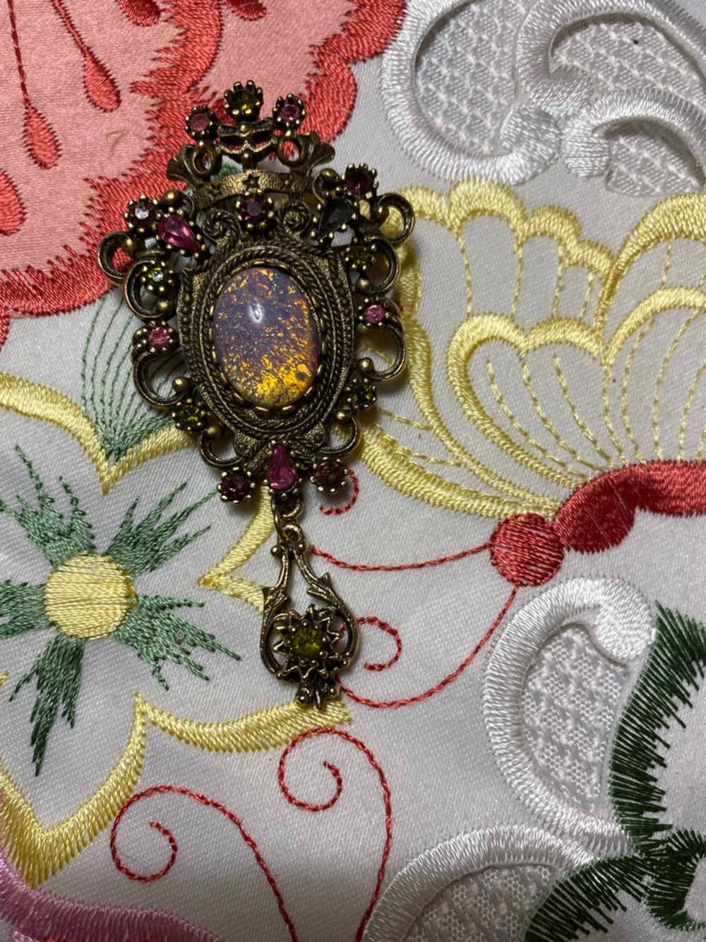 Sarah Coventry Vintage Contessa Faux Opal Brooch Pendant Crown Rhinestone